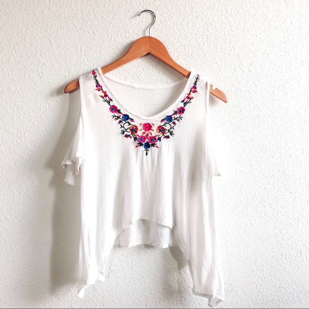 Bohemian Crop Embroidered Light Airy Cold Shoulder
